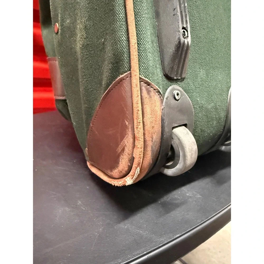 VTG Orvis Battenkill Rolling Duffel Bag Green Canvas Leather Trim Large Travel